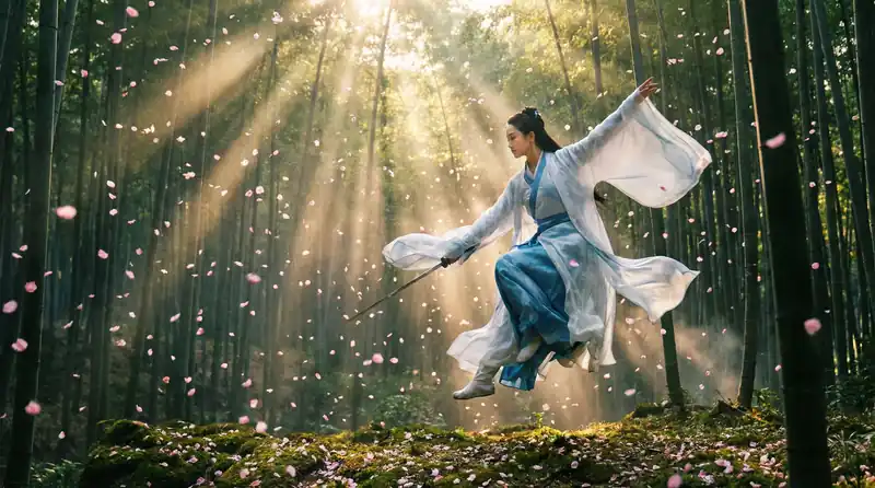 精神小妹精彩影片预告片画面，竹林中女侠飞身舞剑