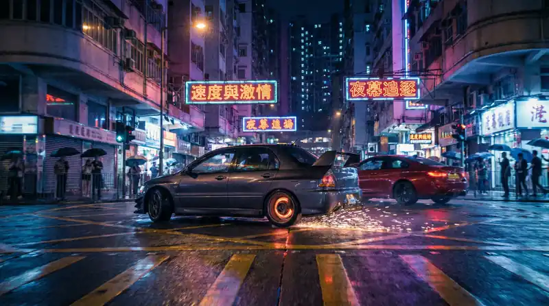 国产视频栏目动作大片画面，霓虹灯下的都市飙车追逐场景